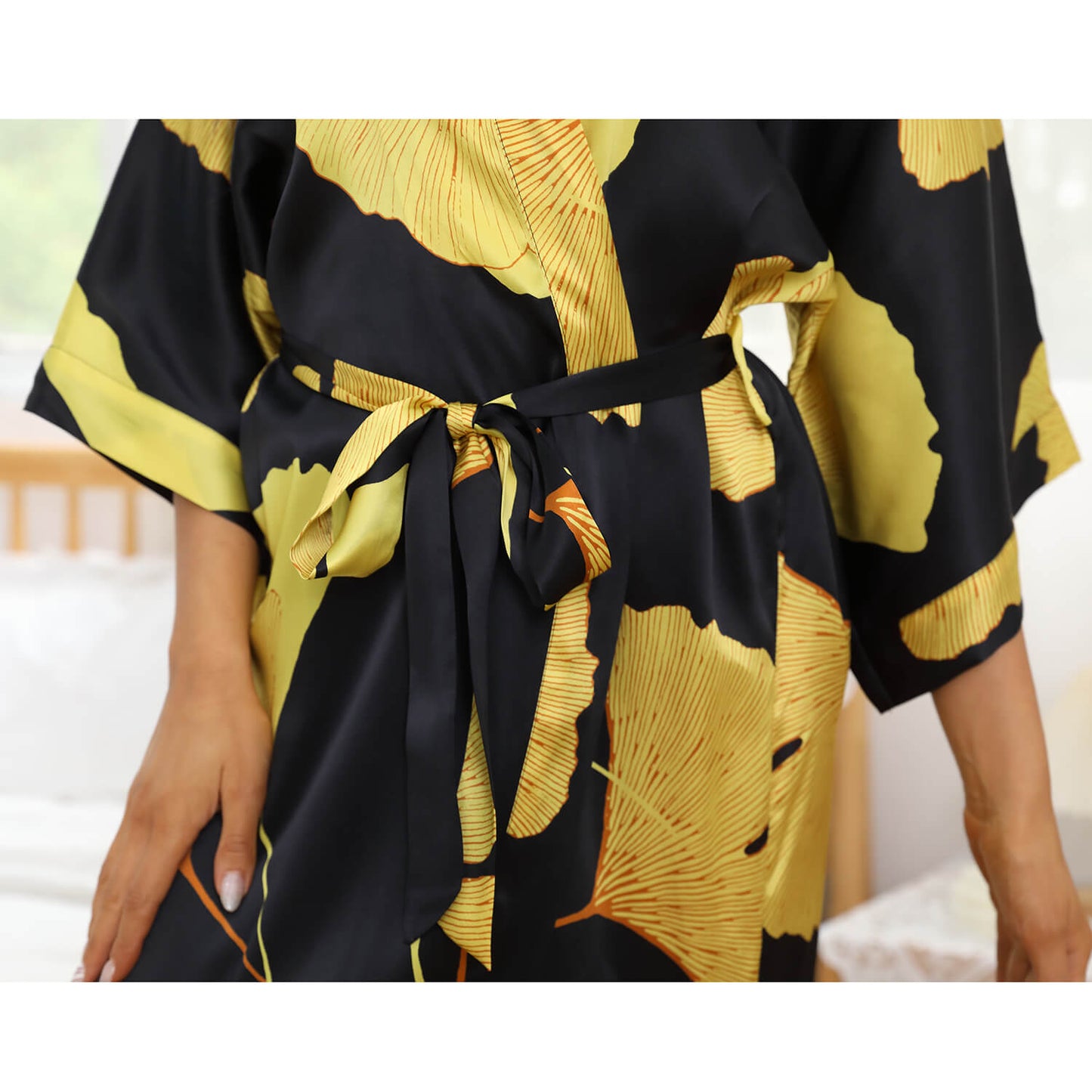 women 100% Mulberry Silk Robe Ginkgo Leaf pure silk kimono Robes