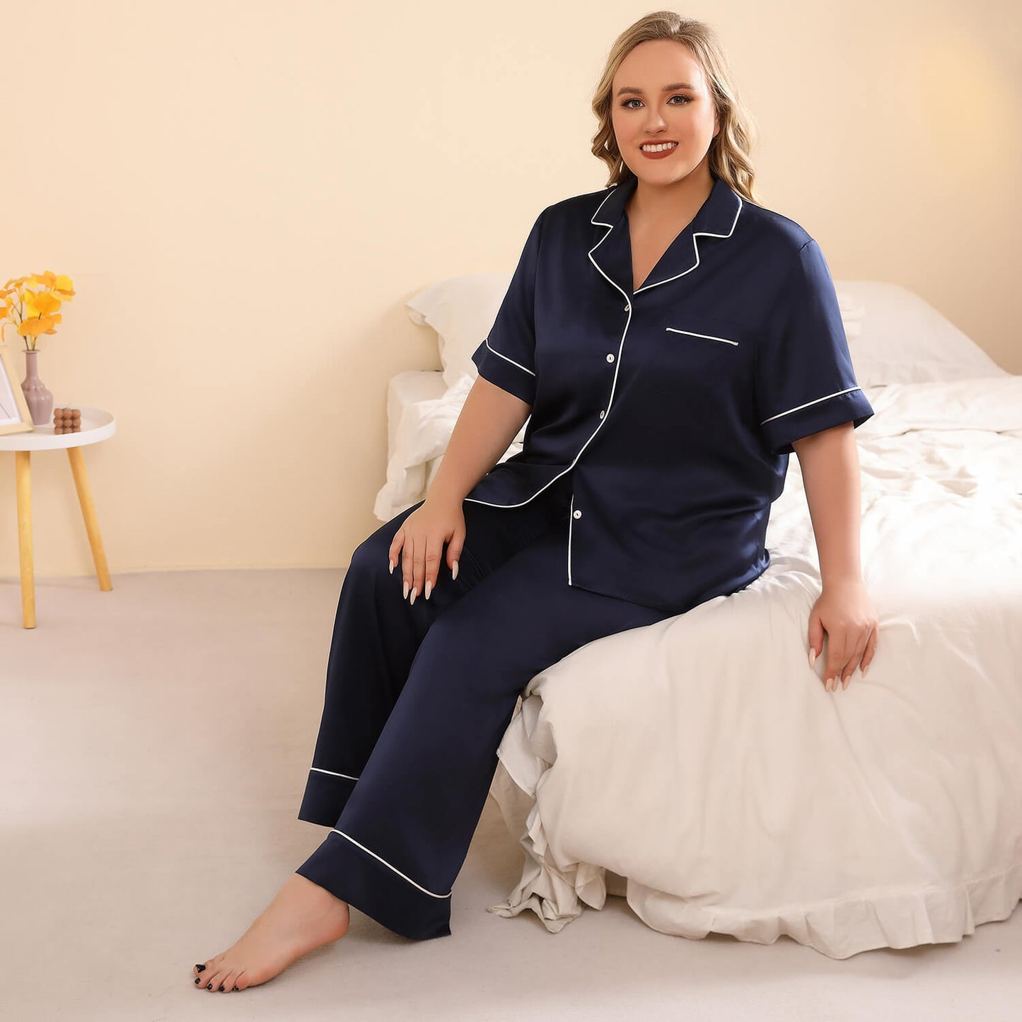 women plus size silk pajama Set 100% Mulberry washable silk PJS