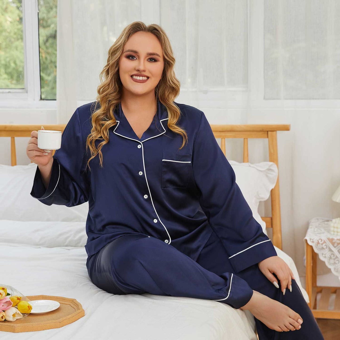 Women  plus size silk pajamas 100% Mulberry Plus 2 piece Silk Pj Set