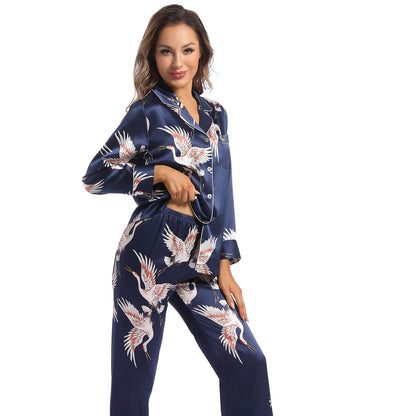 Women Silk Pajamas Set Crane Printed Ladies Gorgeous silk nightwear