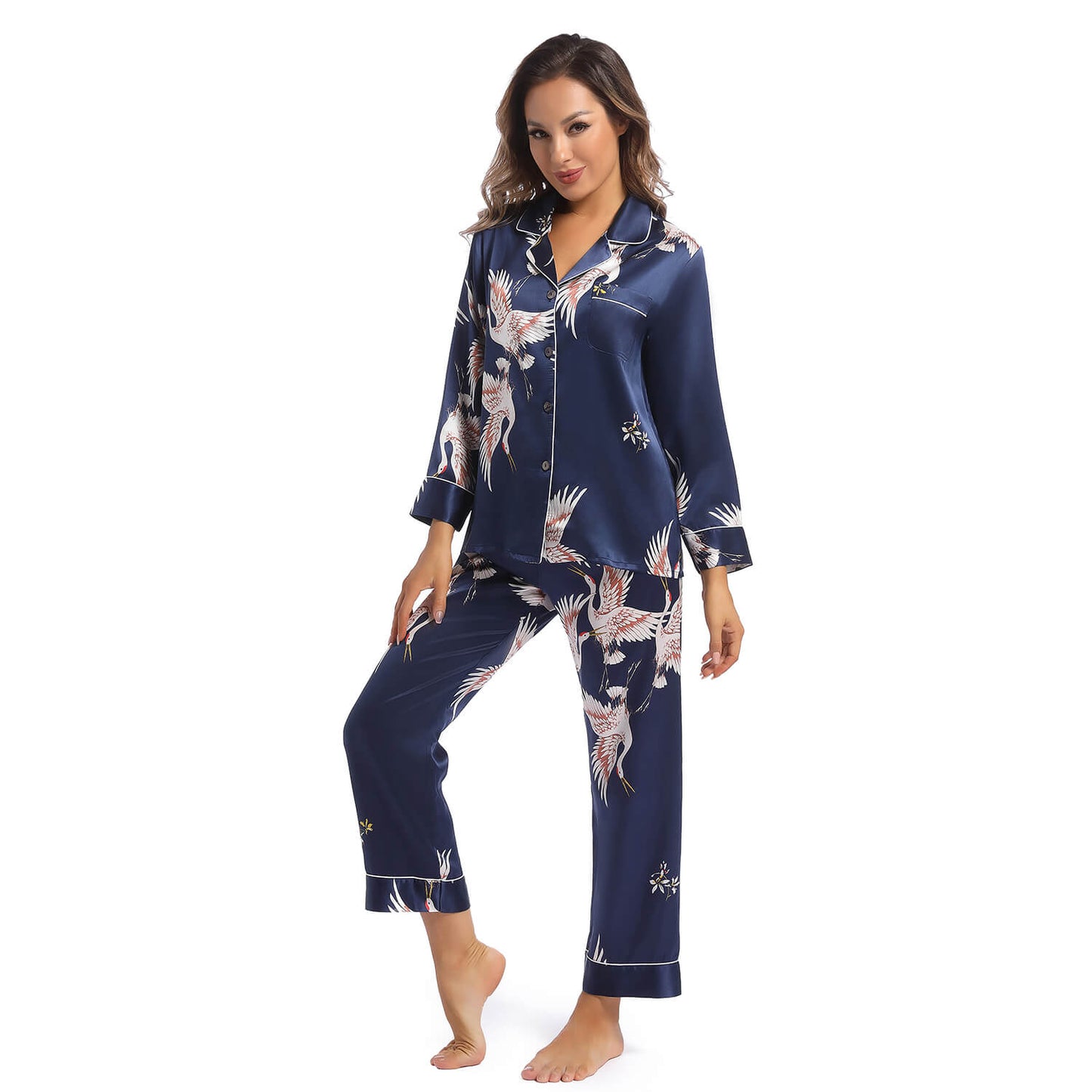 Women Silk Pajamas Set Crane Printed Ladies Gorgeous silk nightwear