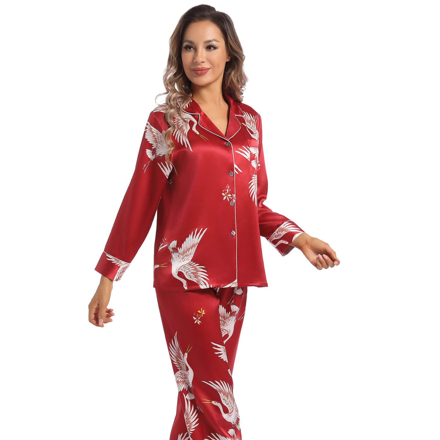 Women Silk Pajamas Set Crane Printed Ladies Gorgeous silk nightwear