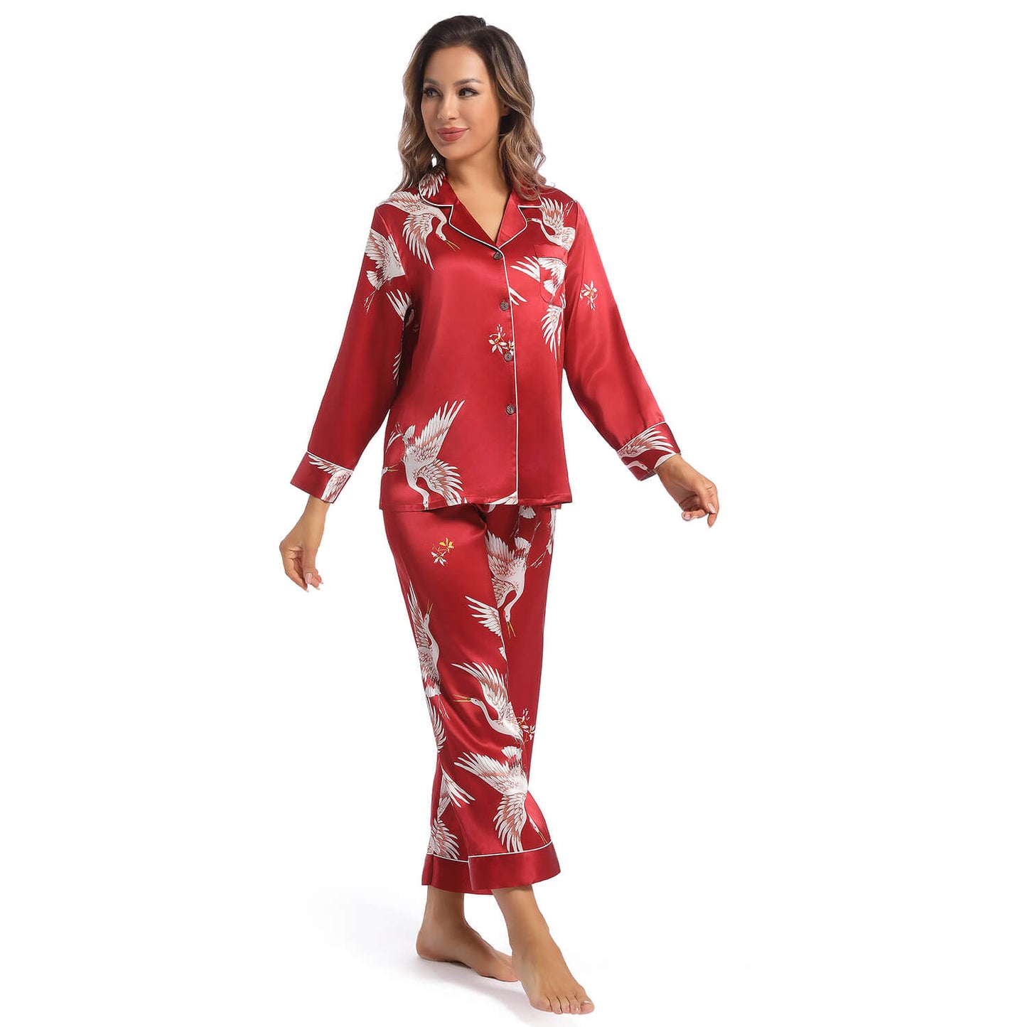 Women Silk Pajamas Set Crane Printed Ladies Gorgeous silk nightwear