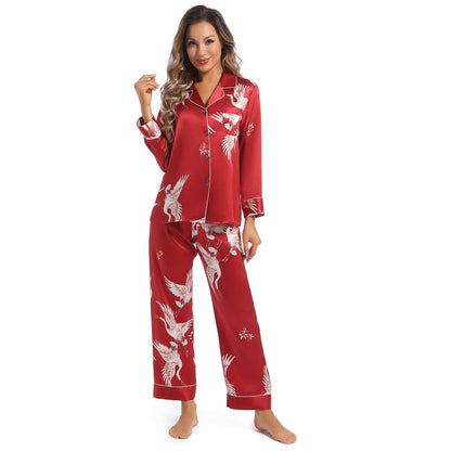 Women Silk Pajamas Set Crane Printed Ladies Gorgeous silk nightwear