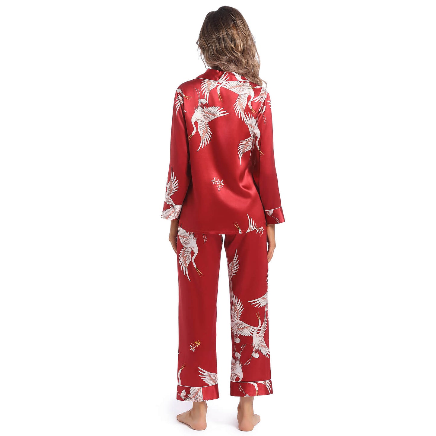 Women Silk Pajamas Set Crane Printed Ladies Gorgeous silk nightwear