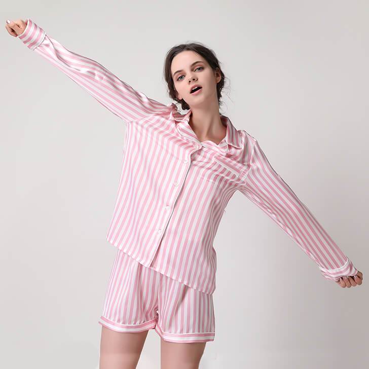 Women Striped Silk Pajama Set Long sleeves Short pants silk pajamas