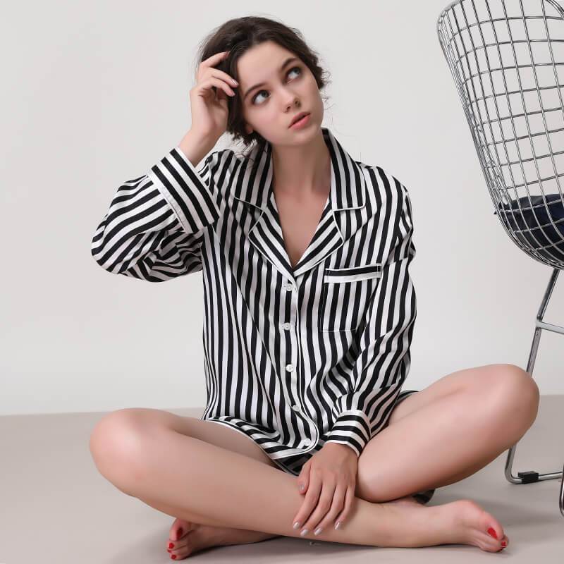 Women Striped Silk Pajama Set Long sleeves Short pants silk pajamas