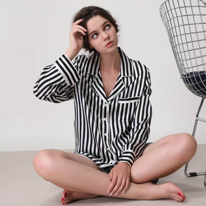 Women Striped Silk Pajama Set Long sleeves Short pants silk pajamas