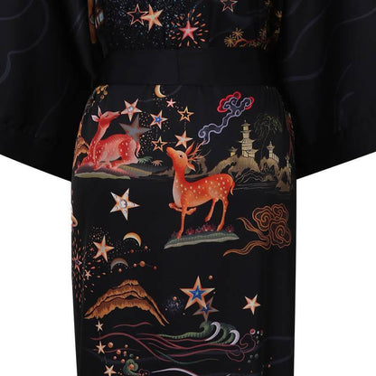 Women's Belt Deer Prints silk kimono Robes Silk Bathrobe