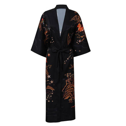 Women's Belt Deer Prints silk kimono Robes Silk Bathrobe