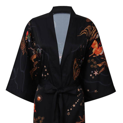 Women's Belt Deer Prints silk kimono Robes Silk Bathrobe