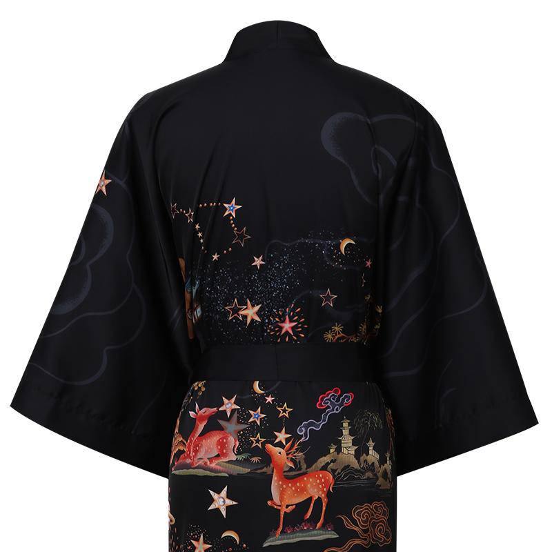 Women's Belt Deer Prints silk kimono Robes Silk Bathrobe