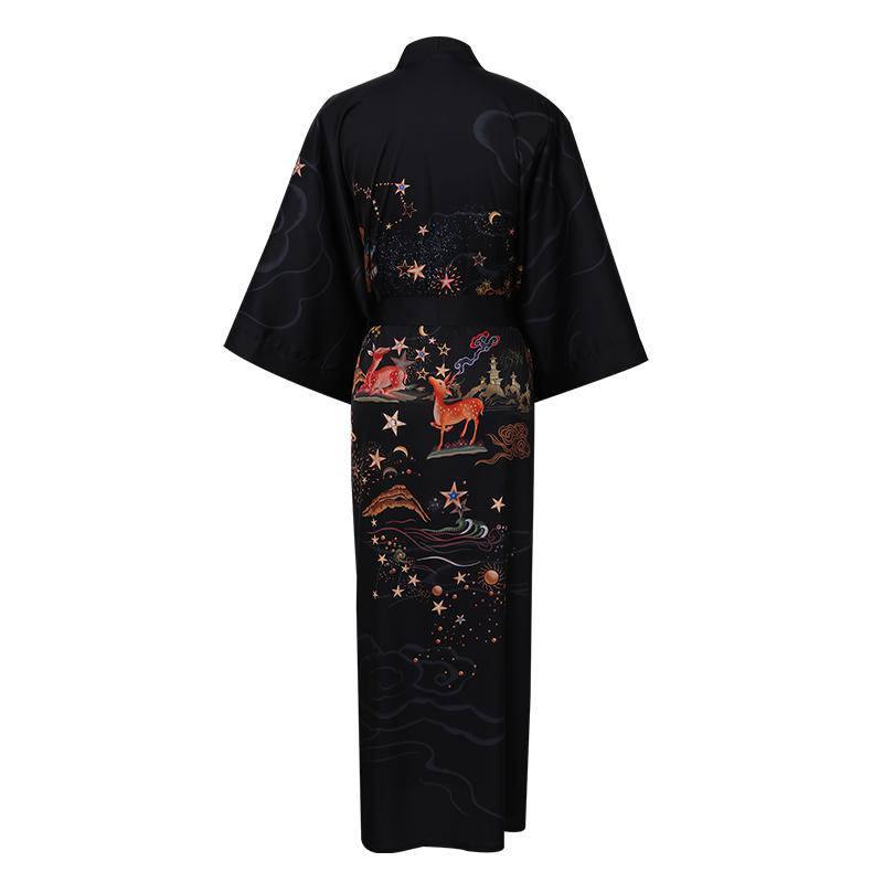 Women's Belt Deer Prints silk kimono Robes Silk Bathrobe