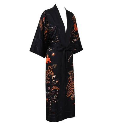 Women's Belt Deer Prints silk kimono Robes Silk Bathrobe