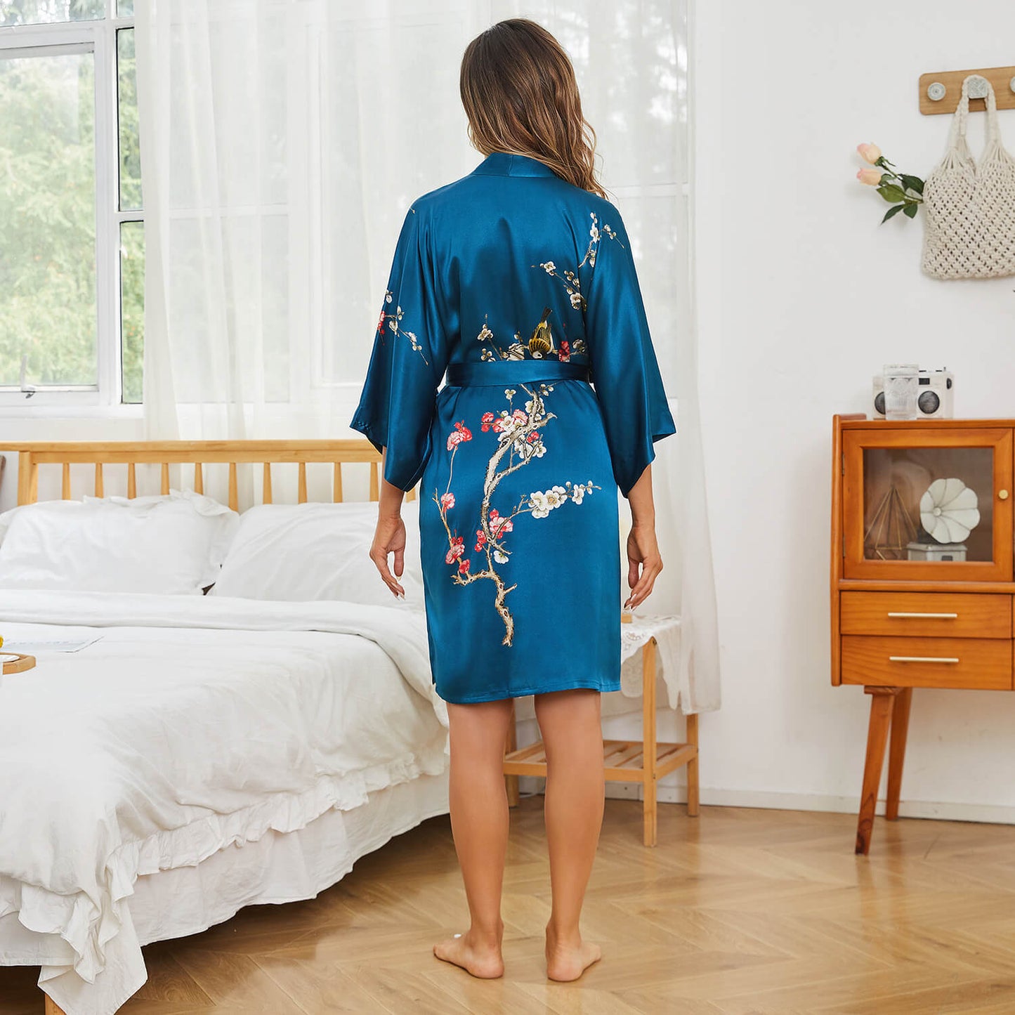 Women's blossom printing short pure silk kimono Robes 100% Silk Bathrobe