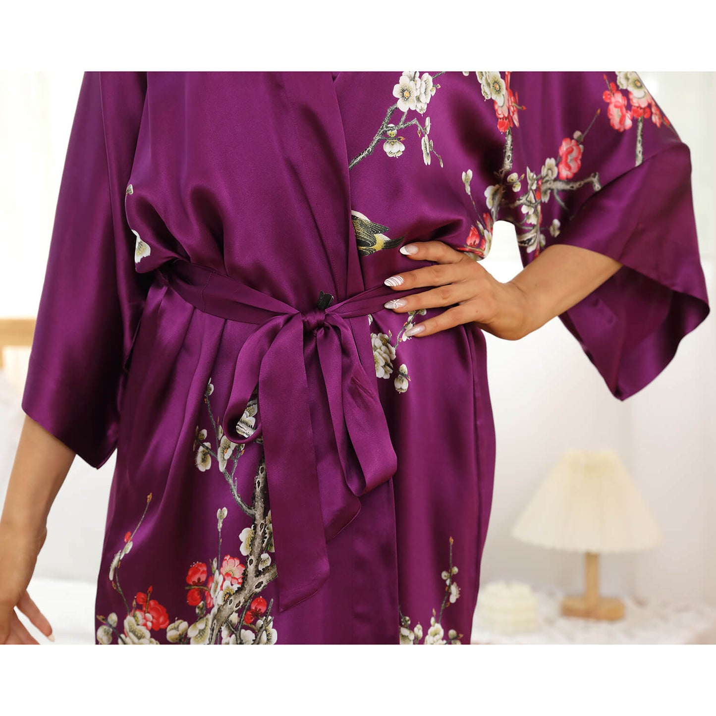 Women's blossom printing short pure silk kimono Robes 100% Silk Bathrobe