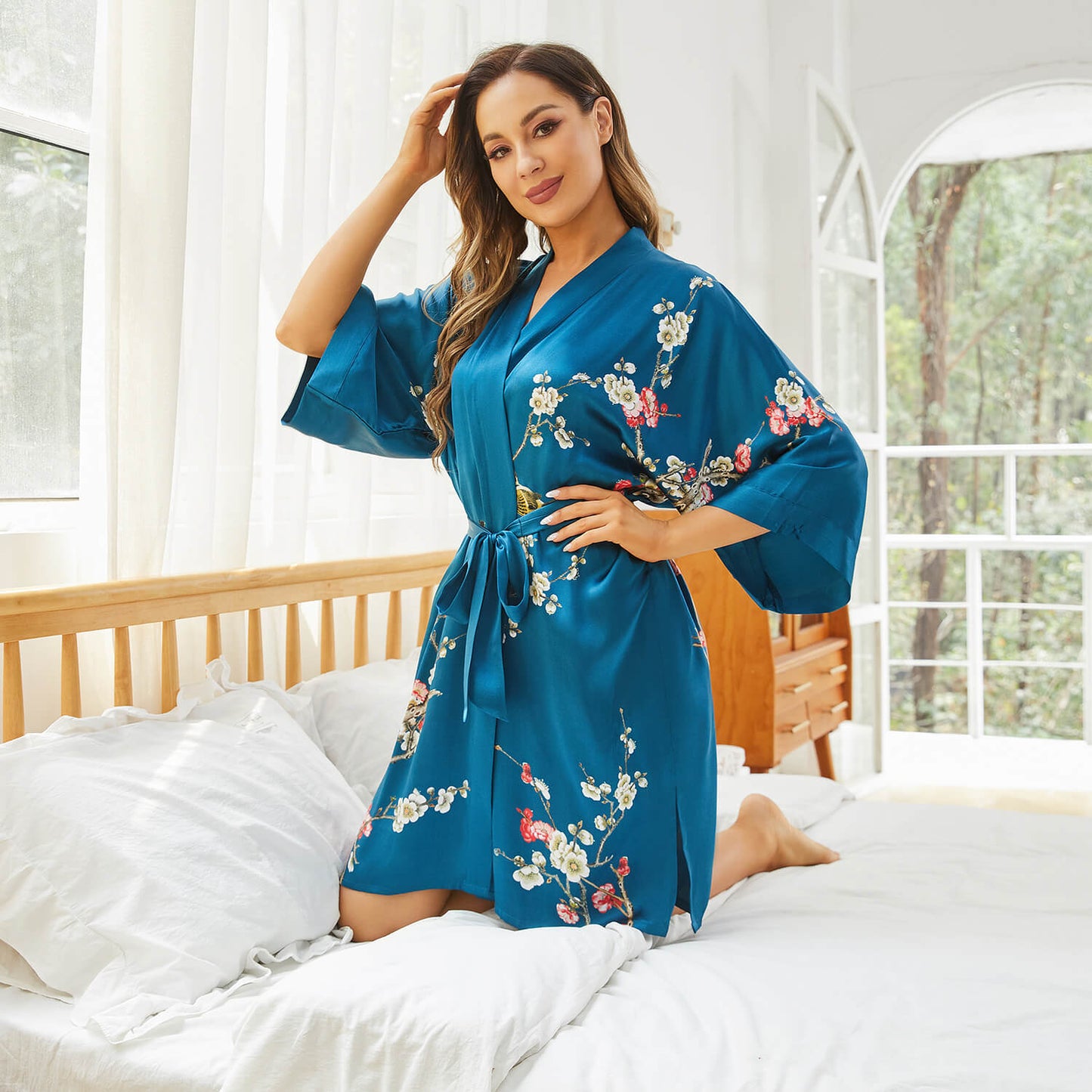 Women's blossom printing short pure silk kimono Robes 100% Silk Bathrobe