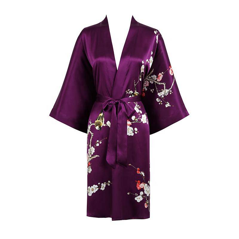 Women's blossom printing short pure silk kimono Robes 100% Silk Bathrobe