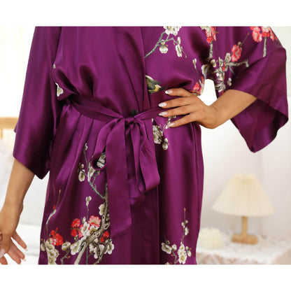 Women's blossom printing short pure silk kimono Robes 100% Silk Bathrobe