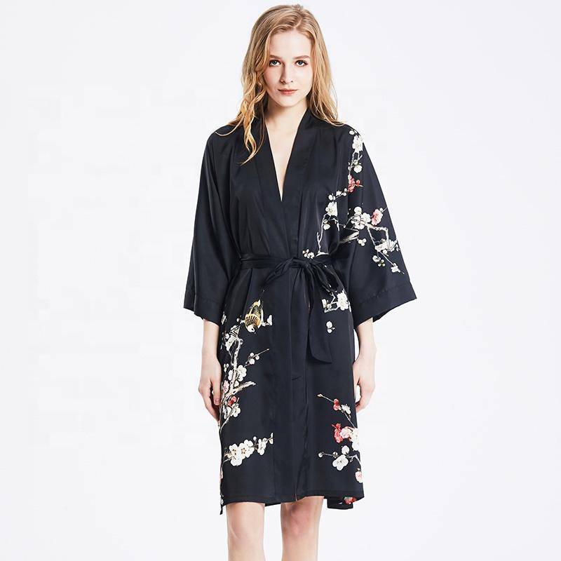 Women's blossom printing short pure silk kimono Robes 100% Silk Bathrobe