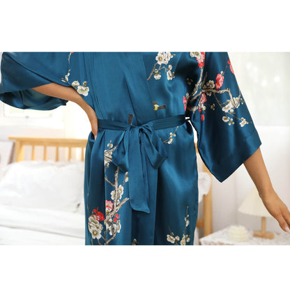 Women's blossom printing short pure silk kimono Robes 100% Silk Bathrobe