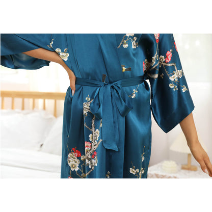 Women's blossom printing short pure silk kimono Robes 100% Silk Bathrobe