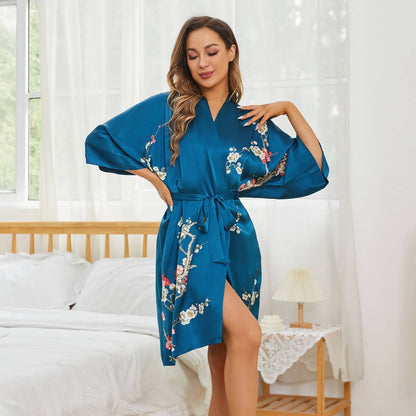 Women's blossom printing short pure silk kimono Robes 100% Silk Bathrobe