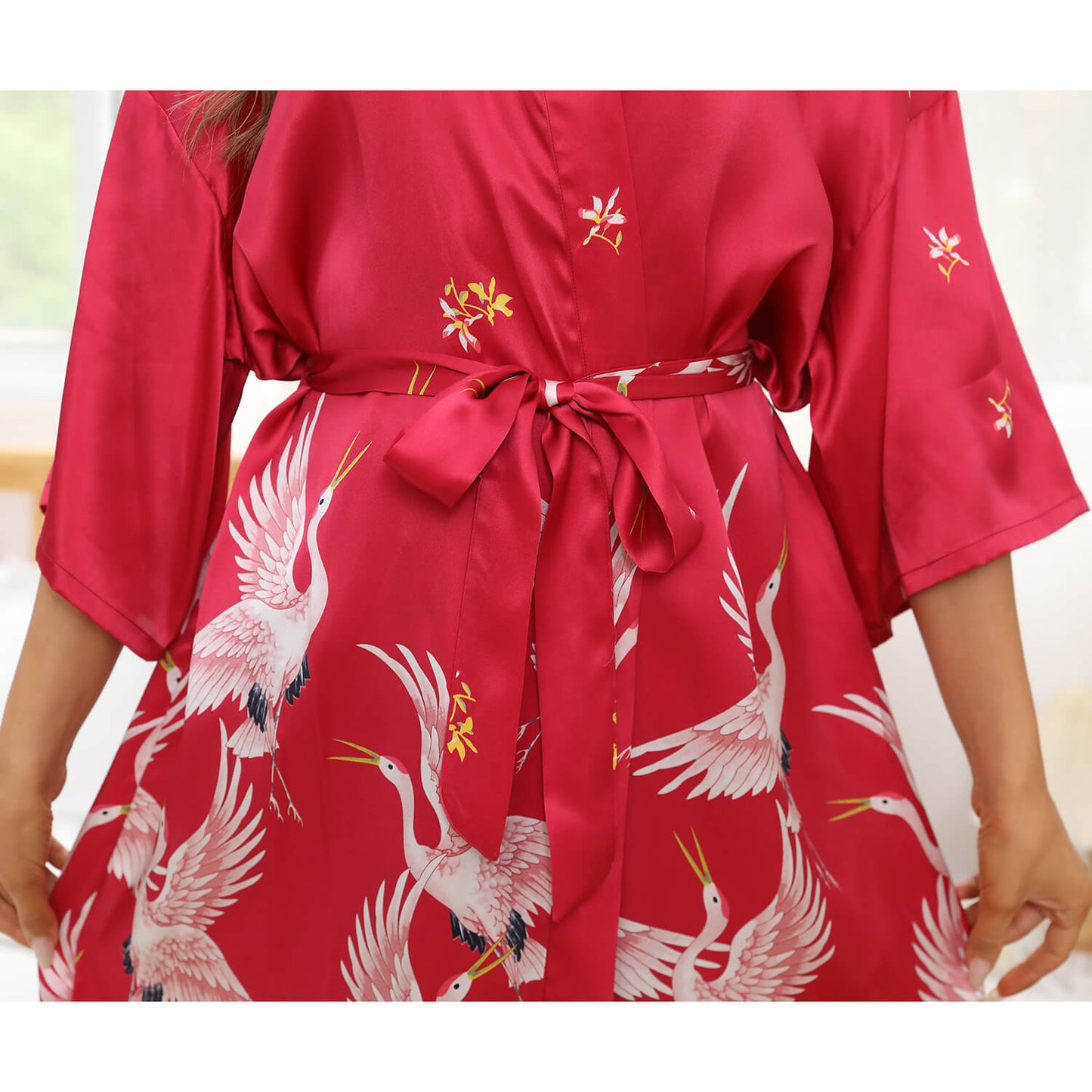 Womens Crane prints Silk Robes Silk Kimono Robe Bridesmaid Robes