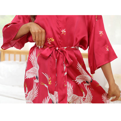 Womens Crane prints Silk Robes Silk Kimono Robe Bridesmaid Robes