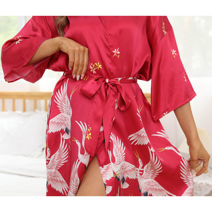 Womens Crane prints Silk Robes Silk Kimono Robe Bridesmaid Robes