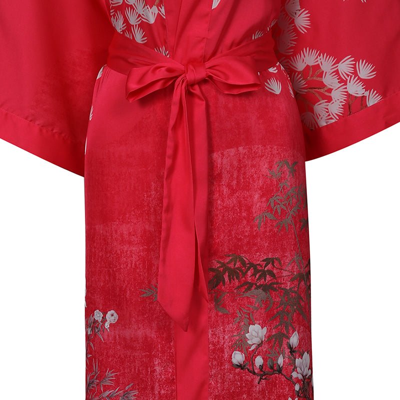 Women's cranes print pure Silk Kimono Robe with Belt Silk Bathrobe