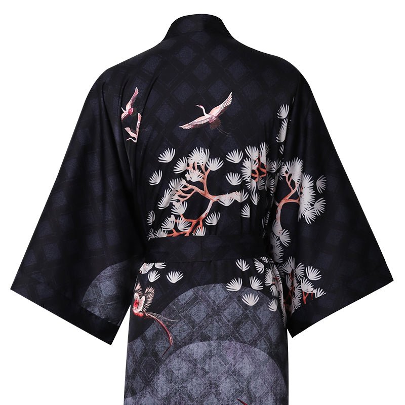 Women's cranes print pure Silk Kimono Robe with Belt Silk Bathrobe