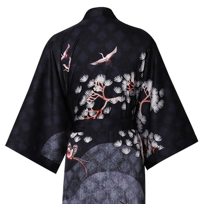 Women's cranes print pure Silk Kimono Robe with Belt Silk Bathrobe