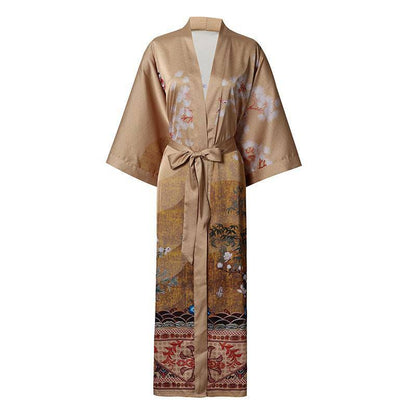 Women's cranes print pure Silk Kimono Robe with Belt Silk Bathrobe