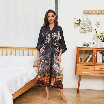 Women's cranes print pure Silk Kimono Robe with Belt Silk Bathrobe