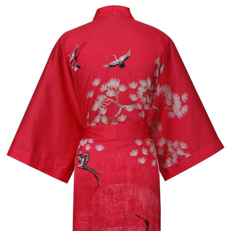 Women's cranes print pure Silk Kimono Robe with Belt Silk Bathrobe