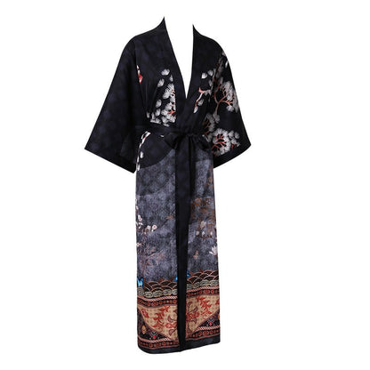 Women's cranes print pure Silk Kimono Robe with Belt Silk Bathrobe