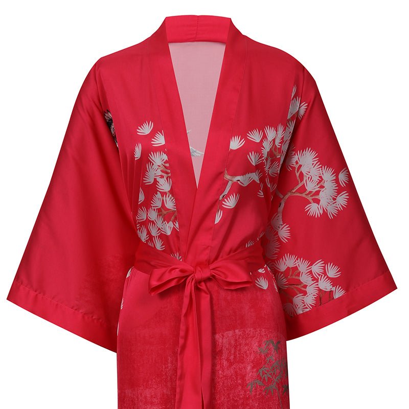 Women's cranes print pure Silk Kimono Robe with Belt Silk Bathrobe