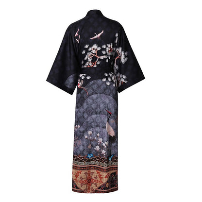 Women's cranes print pure Silk Kimono Robe with Belt Silk Bathrobe