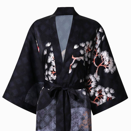 Women's cranes print pure Silk Kimono Robe with Belt Silk Bathrobe