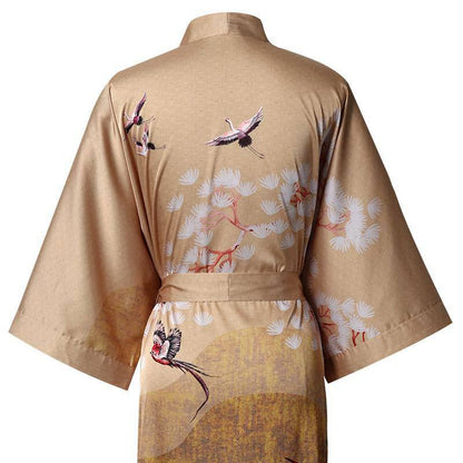 Women's cranes print pure Silk Kimono Robe with Belt Silk Bathrobe