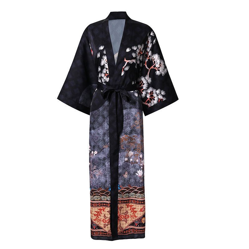 Women's cranes print pure Silk Kimono Robe with Belt Silk Bathrobe