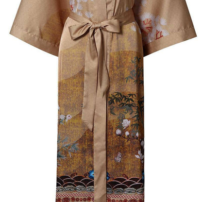 Women's cranes print pure Silk Kimono Robe with Belt Silk Bathrobe