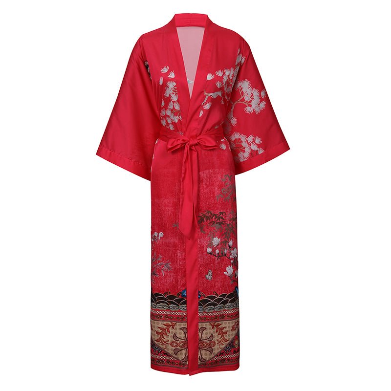 Women's cranes print pure Silk Kimono Robe with Belt Silk Bathrobe