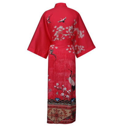 Women's cranes print pure Silk Kimono Robe with Belt Silk Bathrobe