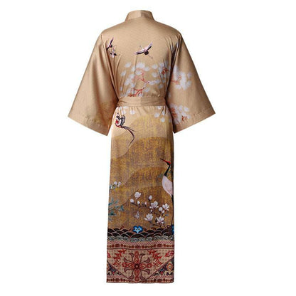 Women's cranes print pure Silk Kimono Robe with Belt Silk Bathrobe