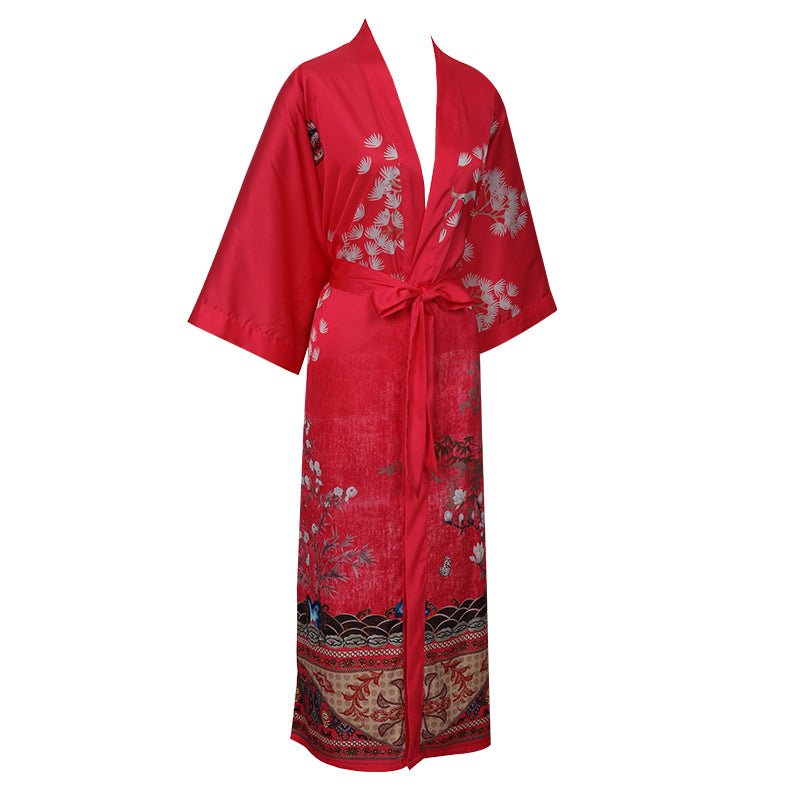 Women's cranes print pure Silk Kimono Robe with Belt Silk Bathrobe