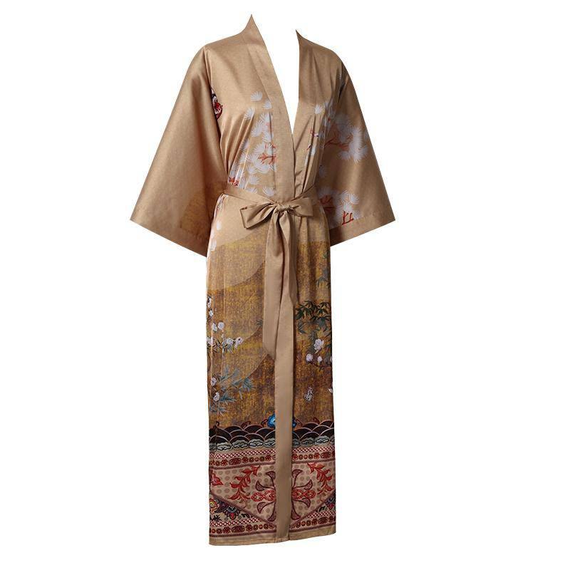 Women's cranes print pure Silk Kimono Robe with Belt Silk Bathrobe