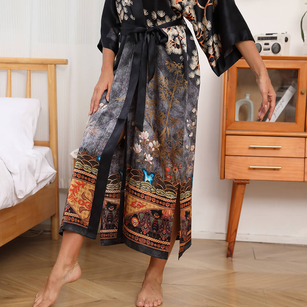 Women's cranes print pure Silk Kimono Robe with Belt Silk Bathrobe