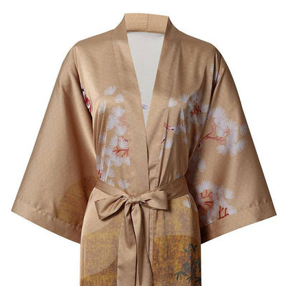 Women's cranes print pure Silk Kimono Robe with Belt Silk Bathrobe